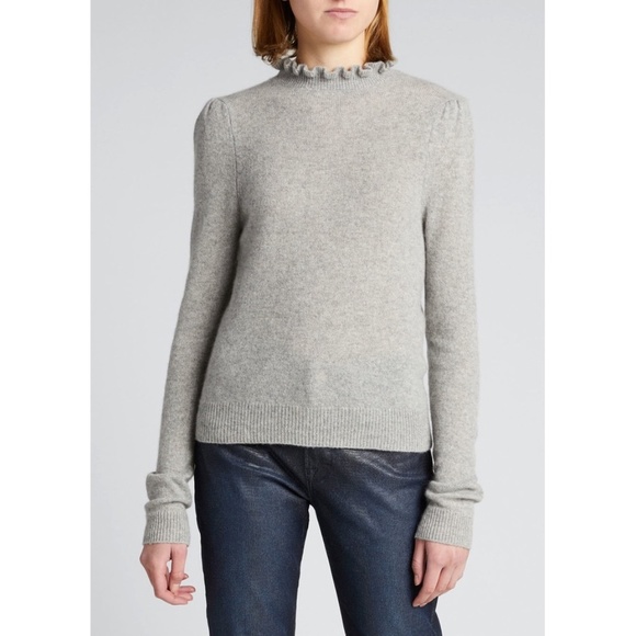 SOLD - NWT Frame Josefine Ruffle Neck Puff Sleeve Cashmere Sweater in Grey S - Picture 12 of 14